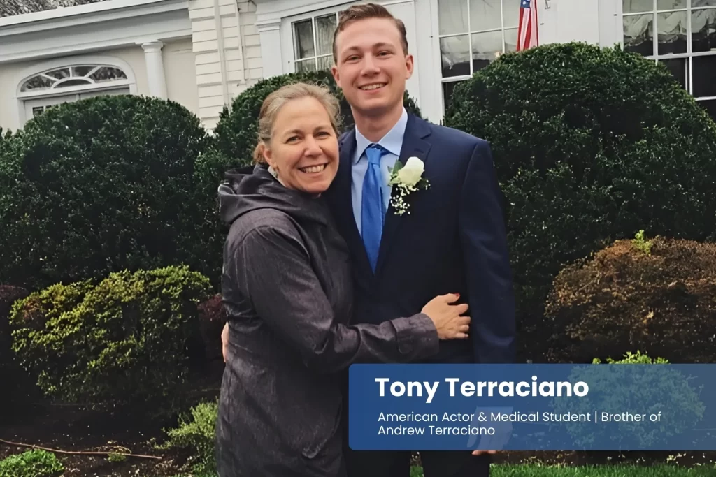 Tony Terraciano and mother in formal attire by house.