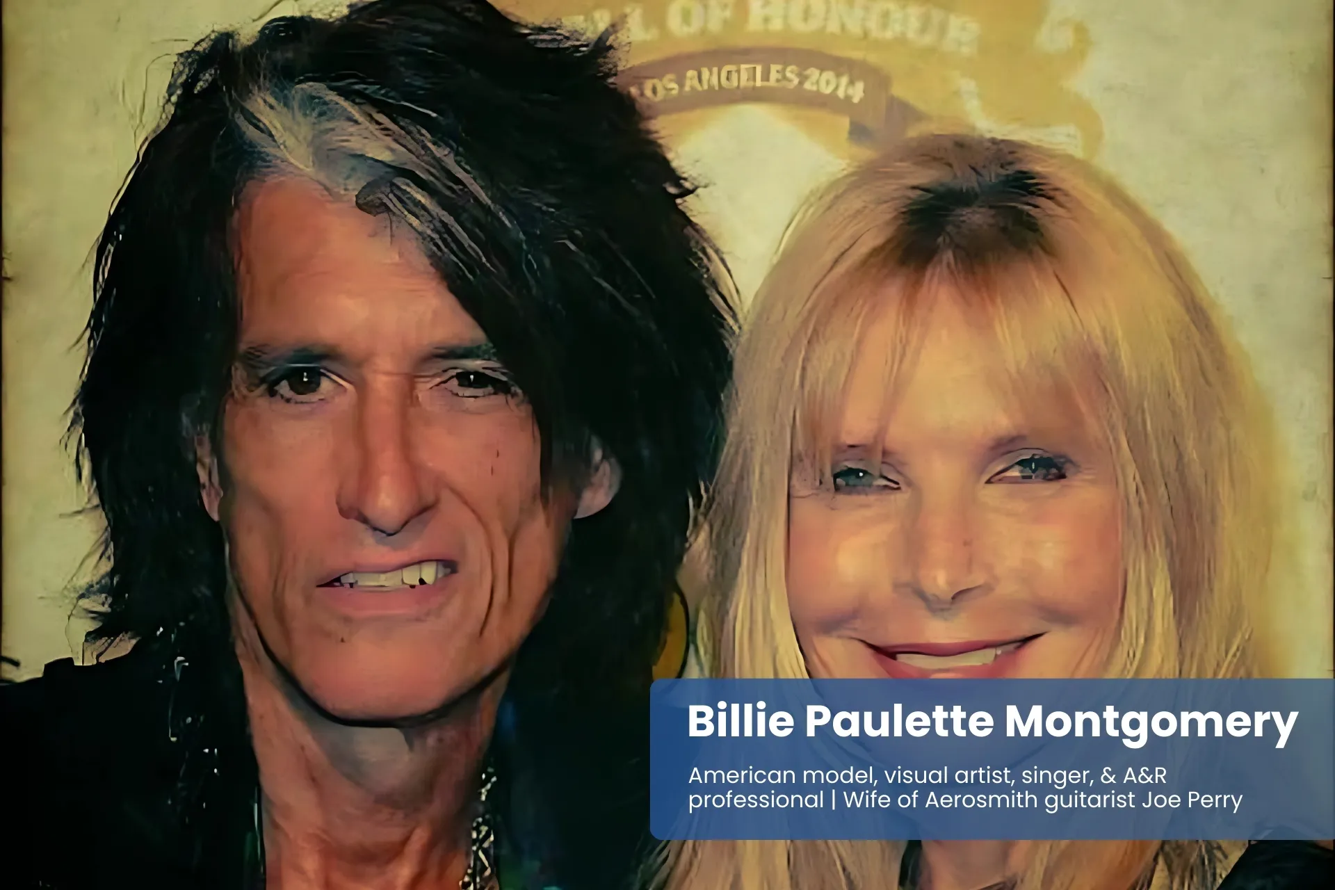 Billie Paulette Montgomery and Joe Perry standing and smilingBillie Paulette Montgomery and Joe Perry standing and smiling