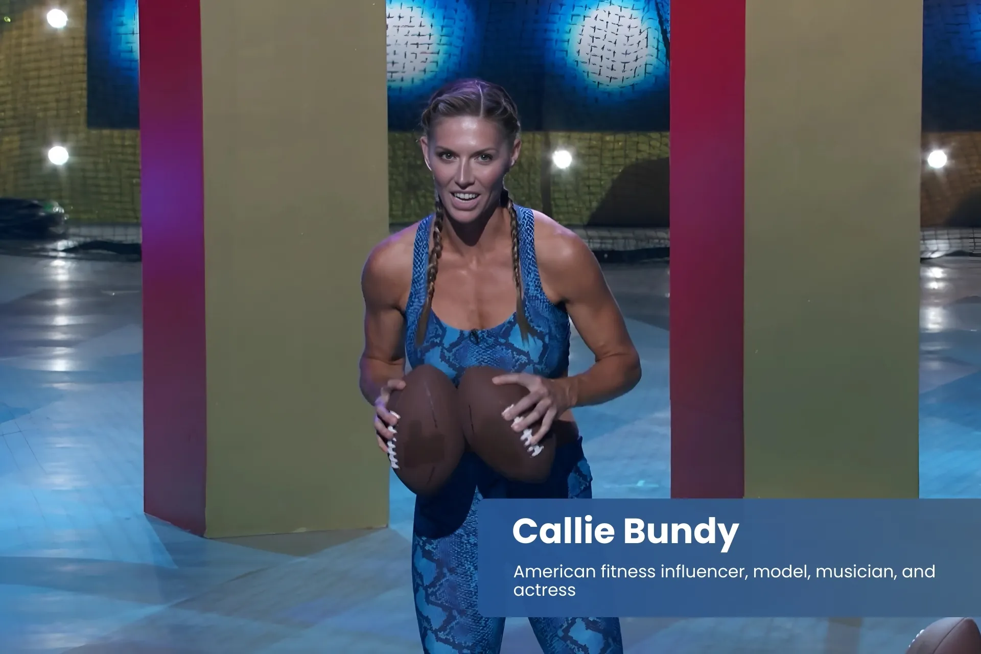 Callie Bundy fitness outfit, holding ball, smiling