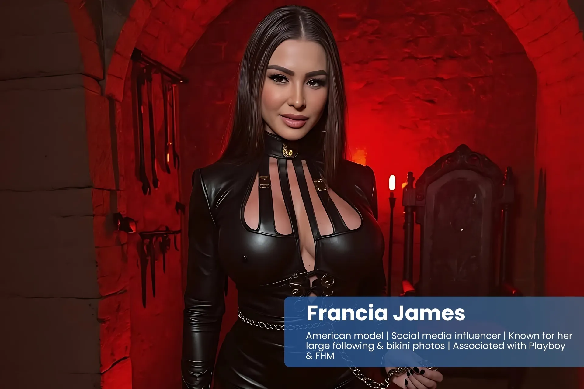 Francia James leather dress, red light background