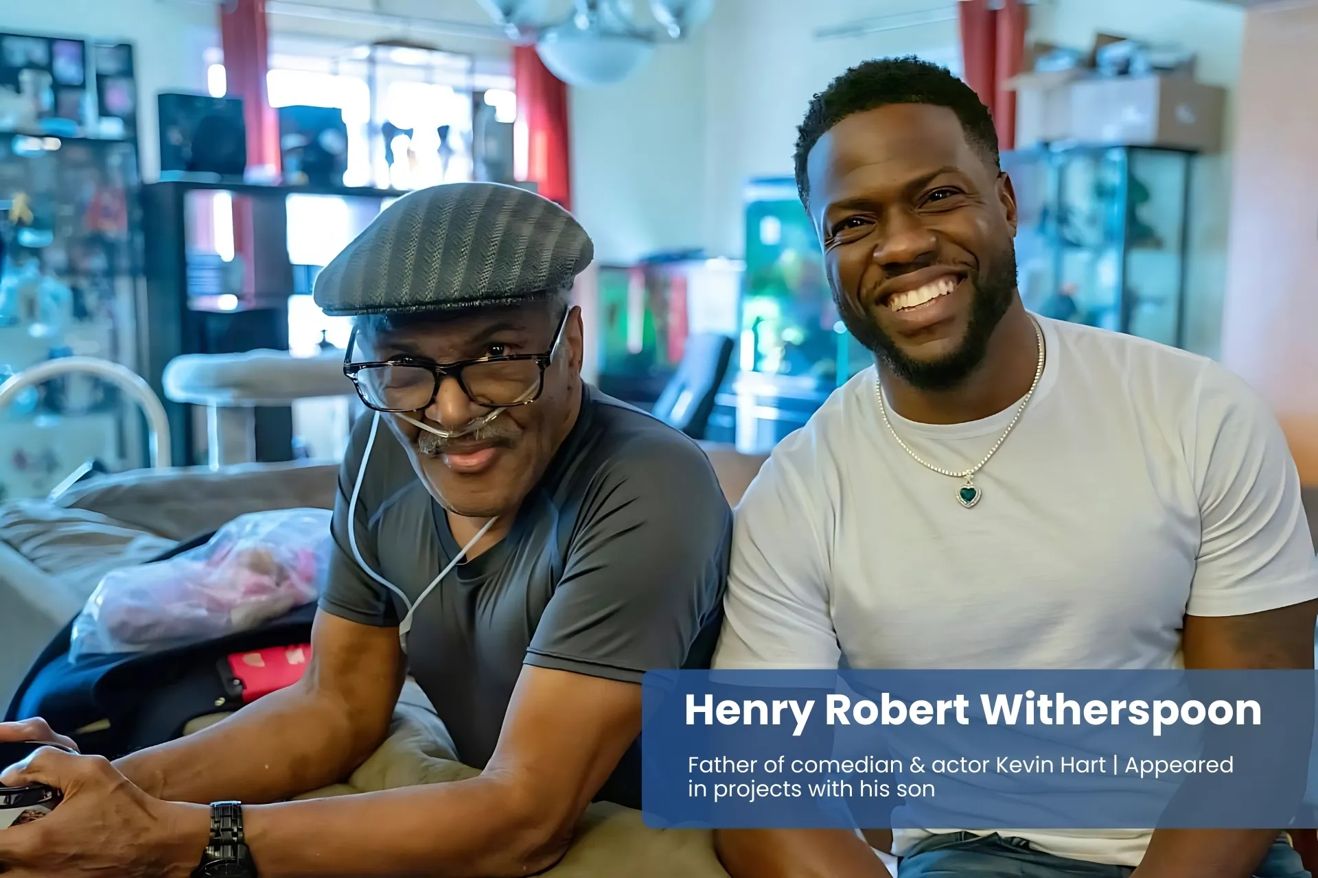 Henry Robert Witherspoon and son Kevin Hart on couch