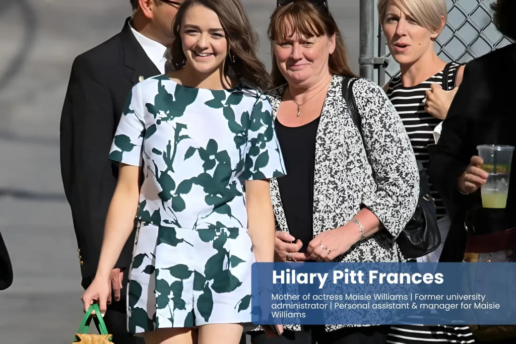 Hilary Pitt Frances and Maisie Williams strolling down street